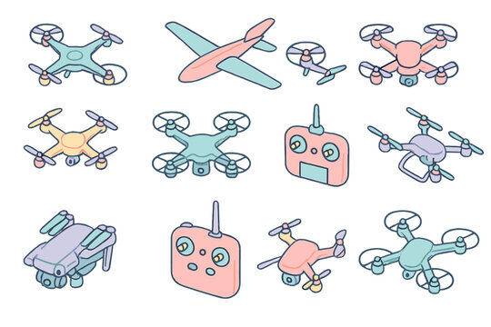 Isometric icons of colorful quadcopter drones and remote controllers