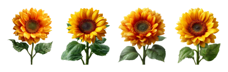 Vibrant yellow and orange sunflowers with dew drops, offering a cheerful and warm mood, perfect for summer designs as a PNG set with transparent background