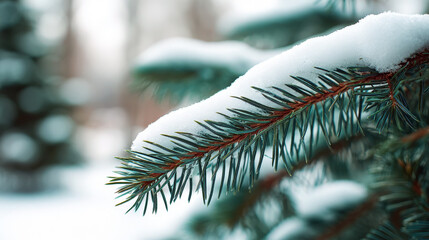 Fresh first snow resting on a fir needle with ice crystals. Winter nature macro on an evergreen branch. Copy space.