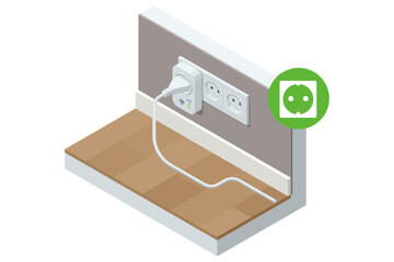 Smart Plug and Power Outlet. Isometric illustration of a smart plug connected to a power outlet with Wi-Fi signal, symbolizing energy monitoring and smart home automation