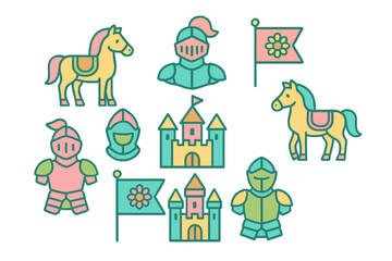 Naklejka premium Colorful medieval knight and castle icons featuring horses and flags