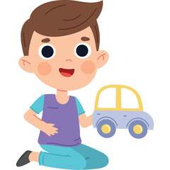 Smiling young boy with brown hair wearing a purple vest and blue shirt holding a toy car with a yellow roof and blue wheels