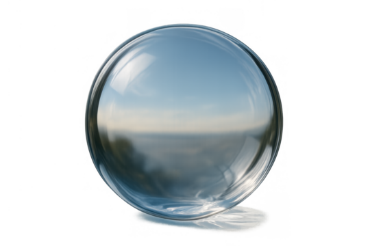 Glass sphere reflecting an inverted blue sky and ocean horizon, transparent orb showing refraction on plain background