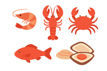 Set of bright red seafood icons: shrimp, lobster, crab, fish, and oyster shapes
