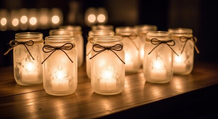 Warm candlelight glows from frosted mason jars tied with twine on wooden table
