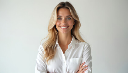 Young smiling woman in white shirt with arms crossed. She has blonde hair and blue eyes. Professional portrait for business, marketing and corporate use. She looks confident and friendly.
