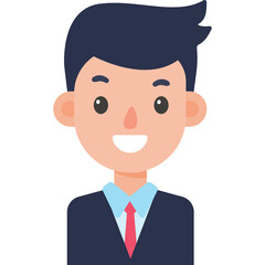 Smiling young man with dark hair wearing a navy blue suit light blue dress shirt and red tie against a transparent background