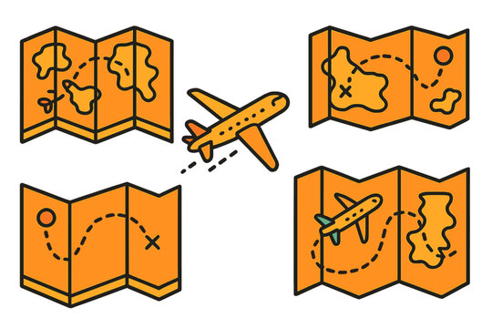 Airplane travel route planning on folded paper maps icons set