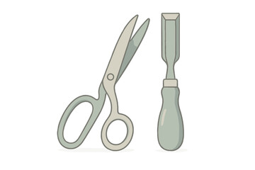 Tailor scissors and wood chisel tools isolated on white background