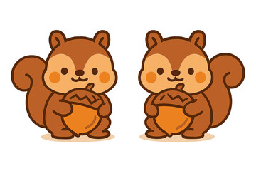 Cute cartoon squirrel pair holding large acorns in simple style