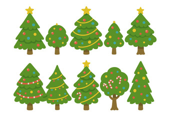 Cute decorated Christmas trees and winter foliage icons collection