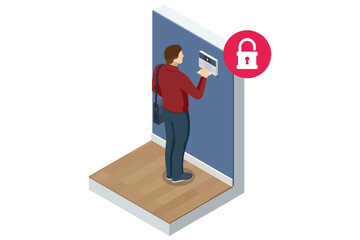 Smart Home Alarm System. Isometric illustration of a man entering a security code on a smart alarm system panel, symbolizing home protection and access control