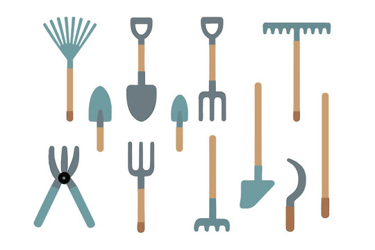 Set of essential gardening tools and implements icons for yard work