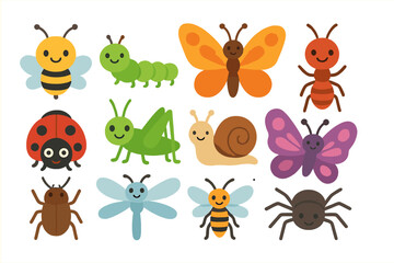 Obraz premium Cute cartoon insects and garden bugs with happy faces collection