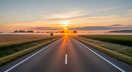 Straight asphalt road leading to a bright sunrise with fields on either side and a foggy horizon