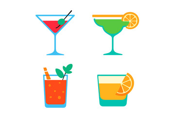 Four colorful cocktail icons featuring various garnishes and glassware