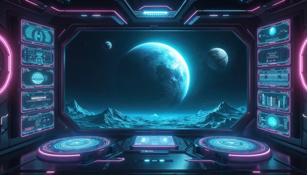 Inside dark spaceship cockpit, neon lights illuminate glowing controls, data screens. Huge bright blue planet, two smaller moons dominate dark starry sky. Rocky alien mountains stretch below,