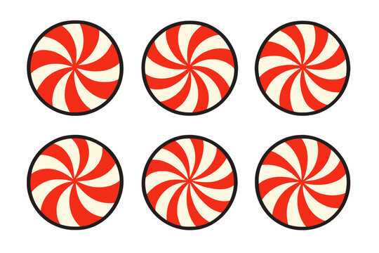 Six red and white peppermint swirl hard candy icons set