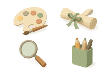 Collection of 3D style icons for education, art, and school subjects