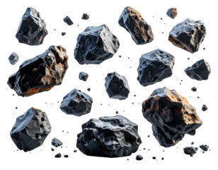 Jagged, volcanic rocks float in the darkness of space