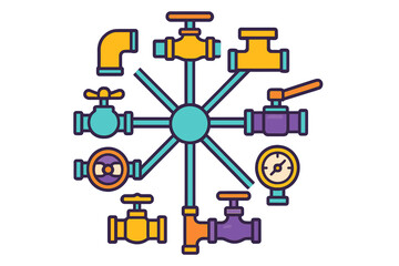 Collection of plumbing system components featuring valves and pressure gauge