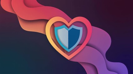 Abstract illustration of a shield within a heart shape, representing protection and security with layered colorful gradients.