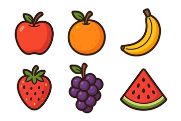 Six colorful cartoon fruit icons: orange, banana, strawberry, grapes, and watermelon slice