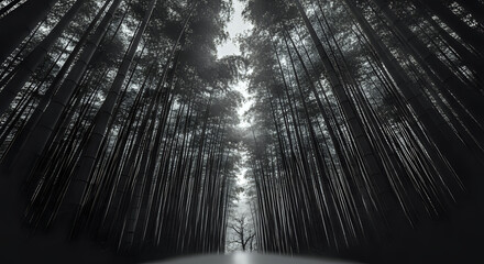A monochrome view looking up through a dense bamboo forest with a single tree at the end of the path