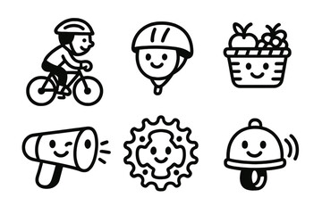 Collection of happy black and white icons for cycling and outdoor activity