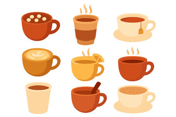 Set of nine stylized icons for hot drinks in various mugs and cups