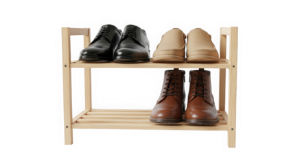 Mens shoes on wooden shoe rack isolated on transparent background