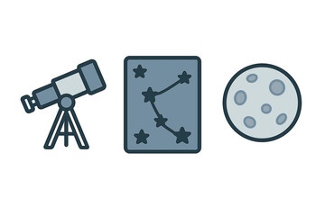 Astronomy icons set featuring telescope constellation map and moon