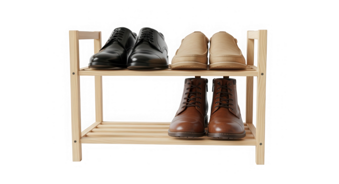 Mens shoes on wooden shoe rack isolated on transparent background