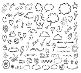 Illustration of hand drawn doodle elements arrows, check marks, crosses, speech bubbles, stars, hearts, clouds, circles, squares, and abstract shapes