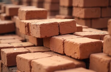 Many red clay bricks neatly stacked in rows. Rough blocks of building material wait at construction site. Elements ready for new house building. Industry professionals use strong architectural