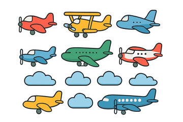 Colorful cartoon airplanes and clouds icons for aviation and travel theme
