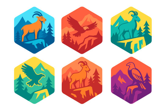 Mountain Wildlife Badges Featuring Ibex and Eagle Icons