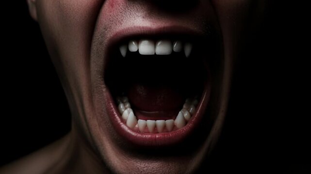 Four close-up frames reveal a person expressing raw fear and anguish through their wide open mouth in a dark environment. The lighting enhances the emotion of the moment, creating a haunting effect.