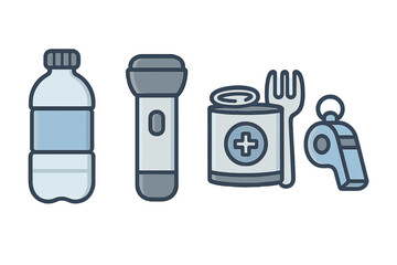Essential emergency preparedness kit items icons set for disaster readiness