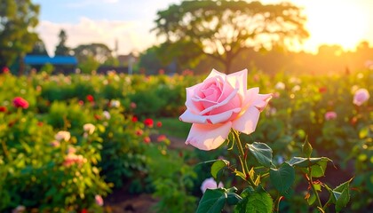 A captivating rose bathed in the warm embrace of sunlight amidst a serene garden landscape