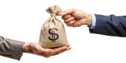 Two male hands, exchanging a burlap money bag with a dollar sign, cutout, PNG, isolated on white or transparent background, AI