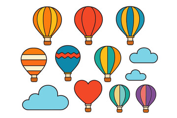 Colorful hot air balloons and stylized clouds icon set