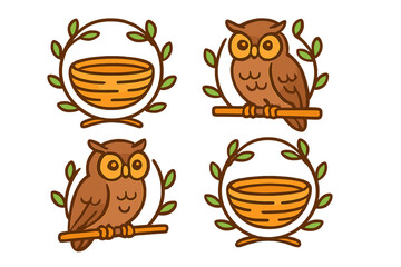 Stylized owl and bird nest emblems with leafy branches