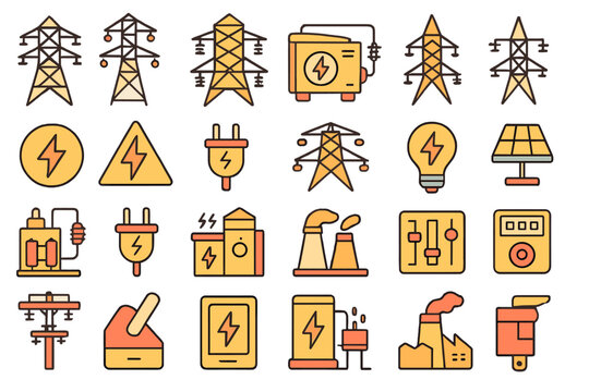 Set of electricity and power generation icons including transmission towers and plugs