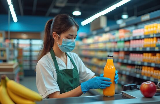 Supermarket worker wears mask and gloves. Female cashier handles orange juice bottle. Employee checks products in grocery store. Safety measures during pandemic.
