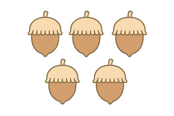 Five stylized brown acorns with light caps arranged on white background