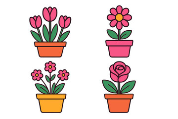 Four stylized potted flowers icons including tulip daisy and rose