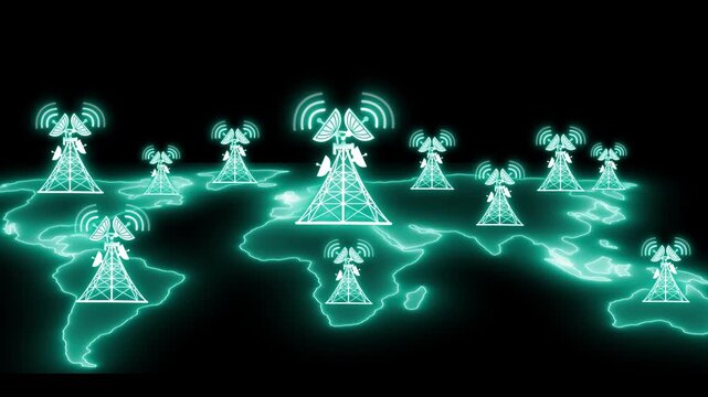 Animation of communication towers on a world map with glowing lines