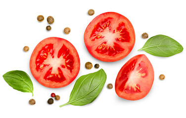 sliced ​​tomatoes, basil leaves and peppercorns on a white isolated background, top view