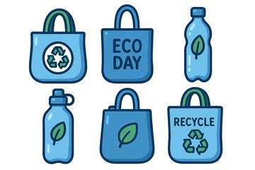 Set of blue eco friendly shopping bags and reusable water bottles icons
